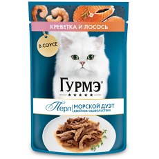 Гурмэ Перл / Влажный корм Паучи Пурина Гурмэ Перл Морской дуэт для взрослых кошек филе в соусе креветка и лосось (цена за упаковку)