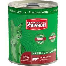 Четвероногий Гурман Мясное ассорти / Консервы для кошек с Говядиной (цена за упаковку)