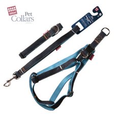 GiGwi Pet Collar Set / Набор Гигви Поводок-Ошейник размер L-Шлейка 40-55см Джинса & нейлон с Синими вставками 2х120см