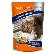 Cat Lunch / Паучи Кэт Ланч для кошек кусочки в желе Мясное ассорти (цена за упаковку)