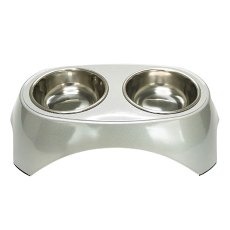 SuperDesign / Миска Супер Дизайн на меламиновой подставке Двойная Металлик Белая