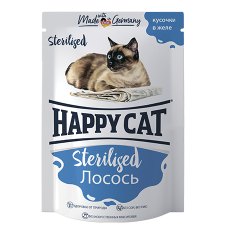 Happy Cat Sterilized / Паучи Хэппи Кэт для Стерилизованных кошек Лосось кусочки в желе (цена за упаковку, Россия)
