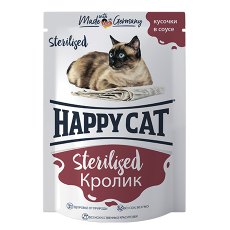 Happy Cat Sterilized / Паучи Хэппи Кэт для Стерилизованных кошек Кролик кусочки в соусе (цена за упаковку, Россия)