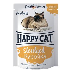 Happy Cat Sterilized / Паучи Хэппи Кэт для Стерилизованных кошек Курочка кусочки в желе (цена за упаковку, Россия)