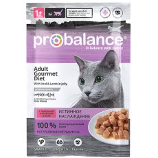 Probalance Gourmet Diet / Влажный корм Паучи Пробаланс для взрослых кошек Телятина Ягнёнок в желе (цена за упаковку)