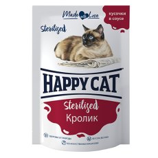 Happy Cat Sterilized / Паучи Хэппи Кэт для Стерилизованных кошек Кролик кусочки в соусе (цена за упаковку, Россия)