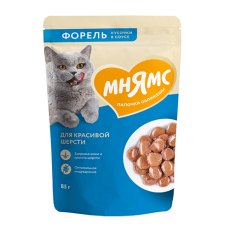 Мнямс Влажный корм Паучи для Красивой шерсти кошек Кусочки в соусе с Форелью (цена за упаковку)