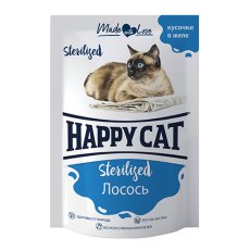 Happy Cat Sterilized / Паучи Хэппи Кэт для Стерилизованных кошек Лосось кусочки в желе (цена за упаковку, Россия)
