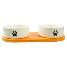 Mr.Kranch Bamboo / Миска Мистер Кранч Керамическая белая двойная на бамбуковой подставке