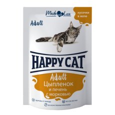 Happy Cat / Паучи Хэппи Кэт для кошек Цыпленок, Печень, морковь в желе (цена за упаковку, Россия)