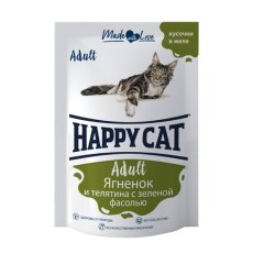 Happy Cat / Паучи Хэппи Кэт для кошек Ягненок, Телятина, зеленая фасоль в желе (цена за упаковку, Россия)