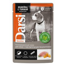 Darsi Sensitive / Паучи Дарси для собак с Чувствительным пищеварением Индейка с тыквой кусочки в соусе (цена за упаковку)