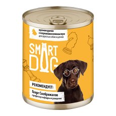 Smart Dog / Консервы Смарт Дог для взрослых собак и щенков Кусочки Курочки с потрошками в нежном соусе (цена за упаковку)