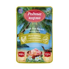 Родные Корма / Паучи Морская серия для Кошек филе Курицы с Креветками в соусе по-Азиатски (цена за упаковку)