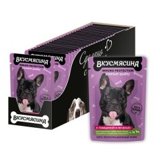 Вкусмясина / Влажный корм Паучи для собак для Поддержания иммунитета Кусочки с Говядиной и печенью в соусе (цена за упаковку)