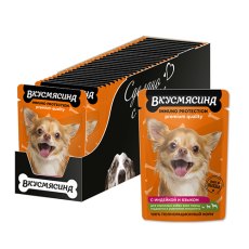 Вкусмясина / Влажный корм Паучи для собак для Поддержания иммунитета Кусочки с Индейкой и языком в соусе (цена за упаковку)