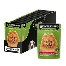 Вкусмясина / Влажный корм Паучи для собак Здоровая кожа и шерсть Кусочки с Ягнёнком и говядиной в соусе (цена за упаковку)