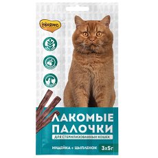 Мнямс Лакомство для Стерилизованных кошек Лакомые палочки 13,5 см Индейка и Цыпленок