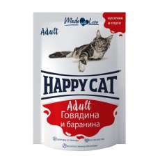 Happy Cat / Паучи Хэппи Кэт для кошек Говядина, Баранина в Соусе (цена за упаковку, Россия)