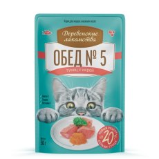Деревенские лакомства / Паучи для кошек Обед №5 для кошек Тунец с икрой в нежном желе (цена за упаковку)