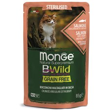 Monge Cat BWild Grain Free Sterilised Salmon Shrimps Vegetables / Влажный Беззерновой корм Монж для Стерилизованных кошек Паучи из Лосося с Креветками и овощами (цена за упаковку)