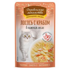 Деревенские лакомства Домашние обеды / Паучи для кошек Лосось с Крабом в нежном желе (цена за упаковку)