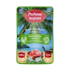 Родные Корма / Паучи Морская серия для Кошек филе Курицы с Лососем в соусе по-Азиатски (цена за упаковку)