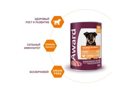 Award Puppy / Влажный корм Авард Консервы для Щенков Кусочки с Курицей и морковью конс (цена за упаковку)