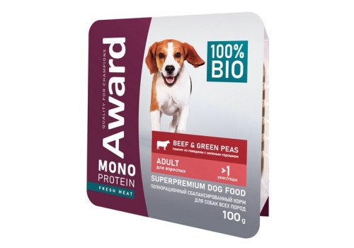 Award Monoprotein / Влажный корм Авард для взрослых собак Паштет из говядины с зеленым горошком (цена за упаковку)