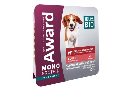 Award Monoprotein / Влажный корм Авард для взрослых собак Паштет из говядины с зеленым горошком (цена за упаковку)