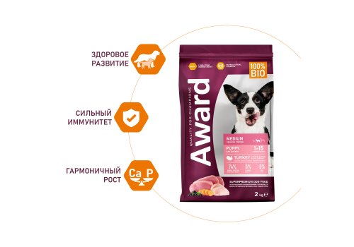 Award Puppy Medium / Сухой корм Авард для Щенков от 1 месяца, беременных и кормящих собак Средних пород Индейка курица морковь черная смородина