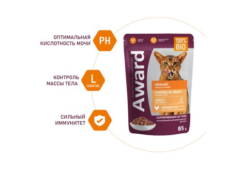 Award Urinary / Влажный корм Паучи Авард для взрослых кошек для Профилактики МКБ Кусочки в соусе с Курицей (цена за упаковку)
