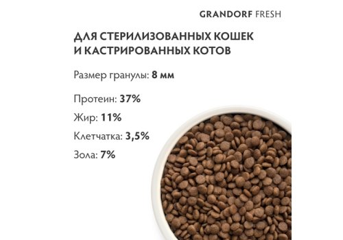 Grandorf Fresh Sterilised Duck & Sweet Potato / Сухой Беззерновой корм Грандорф для Стерилизованных кошек Утка батат