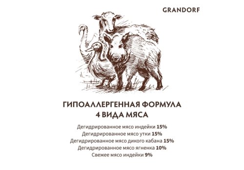 Grandorf Holistic & Hypoallergenic Indoor Probiotic 4 meat / Сухой корм Грандорф Низкозерновой с Живыми Пробиотиками для Домашних кошек 4 вида Мяса