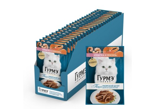 Гурмэ Перл / Влажный корм Паучи Пурина Гурмэ Перл Морской дуэт для взрослых кошек филе в соусе креветка и лосось (цена за упаковку)