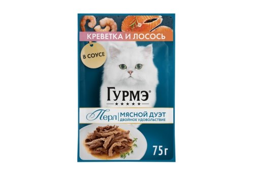 Гурмэ Перл / Влажный корм Паучи Пурина Гурмэ Перл Морской дуэт для взрослых кошек филе в соусе креветка и лосось (цена за упаковку)