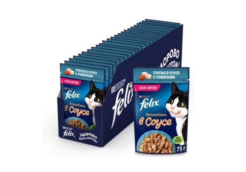 FELIX SENSATIONS / Влажный корм Паучи Феликс Сенсейшенс в соусе для взрослых кошек с треской (цена за упаковку)