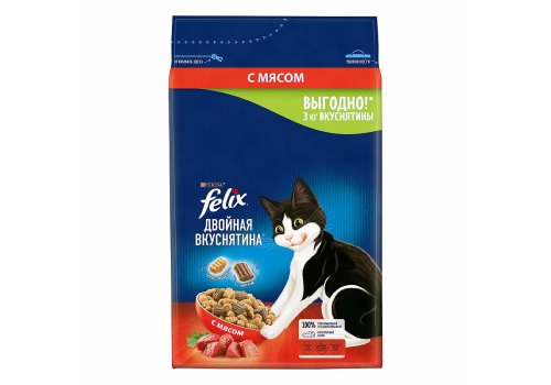 FELIX ДВОЙНАЯ ВКУСНЯТИНА / Сухой корм Пурина Феликс для взрослых кошек с мясом