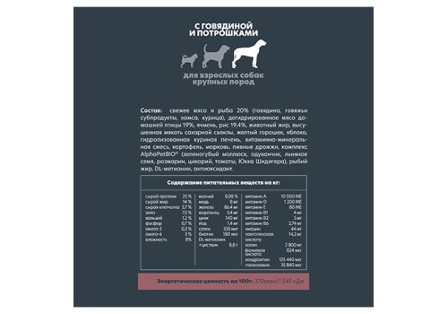 AlphaPet Superpremium / Сухой корм АльфаПет для взрослых собак Крупных пород Говядина потрошки