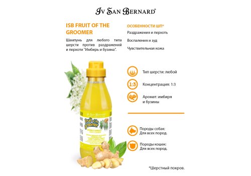 Iv San Bernard Fruit of the Groomer Ginger & Elderbery Shampoo / Шампунь Ив Сан Бернард для любого вида шерсти Против раздражений и перхоти
