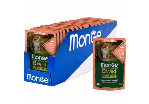 Monge Cat BWild Grain Free Sterilised Salmon Shrimps Vegetables / Влажный Беззерновой корм Монж для Стерилизованных кошек Паучи из Лосося с Креветками и овощами (цена за упаковку)