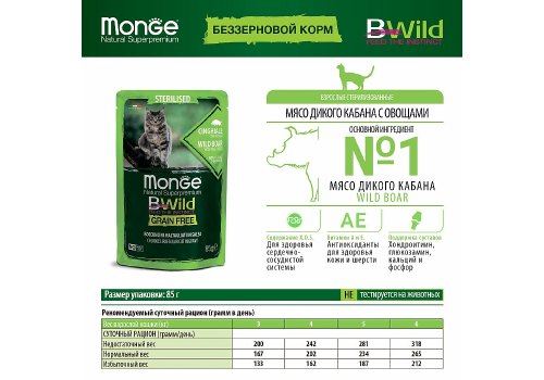 Monge Cat BWild Grain Free Sterilised Wild Boar Vegetables / Влажный Беззерновой корм Монж для Стерилизованных кошек Паучи из мяса Дикого Кабана с овощами (цена за упаковку)
