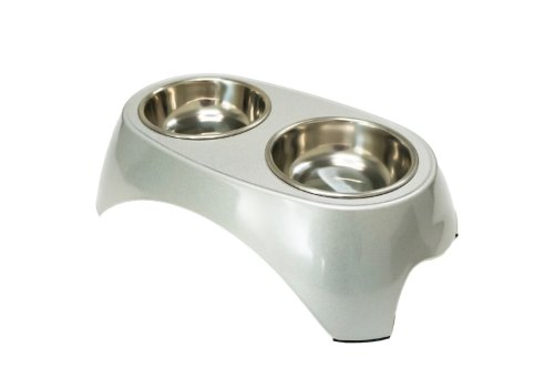 SuperDesign / Миска Супер Дизайн на меламиновой подставке Двойная Металлик Белая