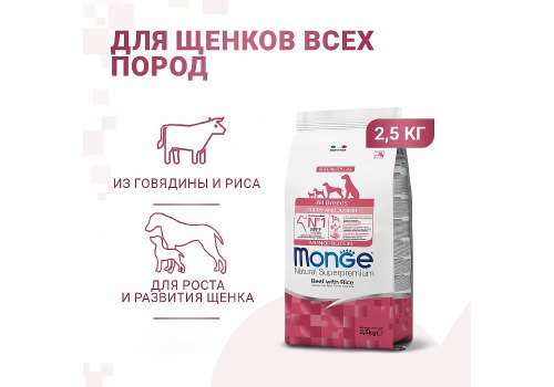 Monge Dog Monoprotein Puppy & Junior Beef with rice / Сухой корм Монж для Щенков всех пород Говядина с рисом