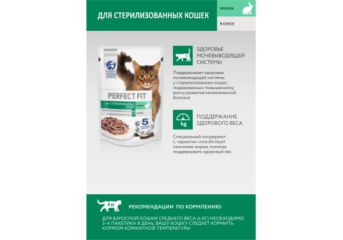 Perfect Fit Sterile / Паучи Перфект Фит для Стерилизованных котов и кошек Кролик в соусе (цена за упаковку)