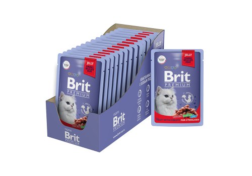 Brit Premium Sterilised Jelly Meat Fith Giblets / Паучи Брит Премиум для Стерилизованных кошек Мясное Ассорти с Потрошками в желе (цена за упаковку)