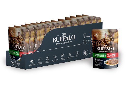 Mr.Buffalo Sterilized Beef / Паучи Мистер Бафало для Стерилизованных кошек Говядина в соусе (цена за упаковку)