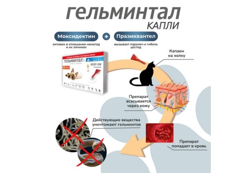 Гельминтал К Spot-on / Капли от Гельминтов на холку для кошек весом до 4 кг