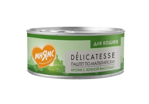 Мнямс Delicatesse Влажный корм Консервы для кошек Паштет по-мальтийски Кролик с зеленой фасолью (цена за упаковку)