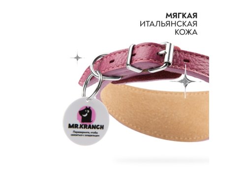 Mr.Kranch / Ошейник-cеледка Мистер Кранч для собак из Натуральной кожи с QR-адресником Малиновый